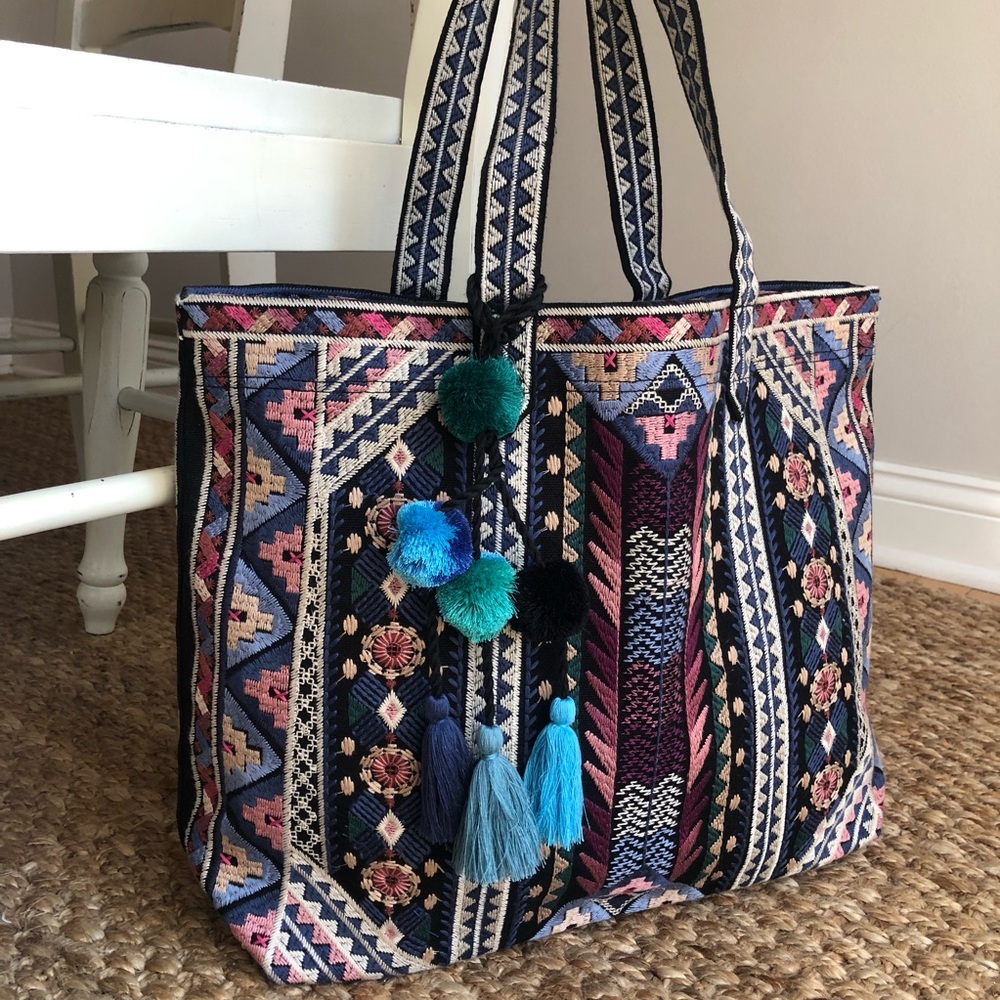 New: Johnny Was Embroidered Tote with Pom Tassels - Picture 5 of 14
